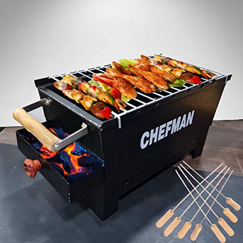 Chefman Medium Charcoal Grill Barbeque with 8 Skewers, 1...